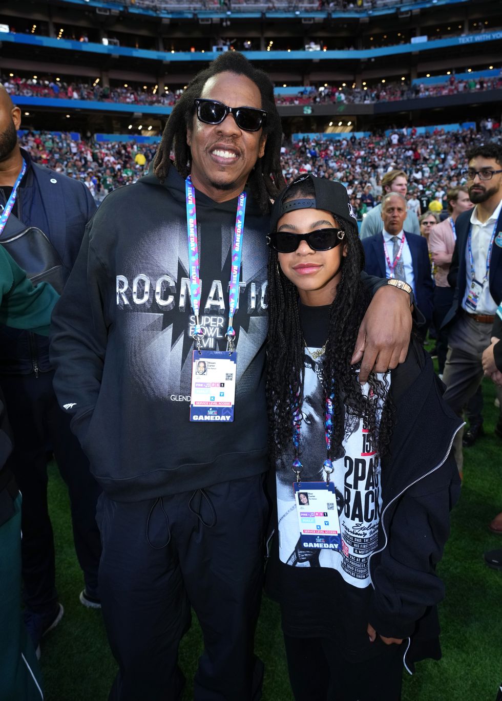 glendale, arizona february 12 l r jay z and blue ivy carter attend super bowl lvii at state farm stadium on february 12, 2023 in glendale, arizona photo by kevin mazurgetty images for roc nation