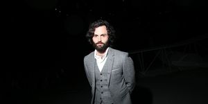 penn badgley in the front row at thom browne fall 2023 ready to wear fashion show at the shed on february 14, 2023 in new york, new york photo by lexie morelandwwd via getty images