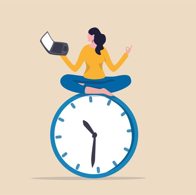flexible working hours, work life balance or focus and time management while working from home concept, young lady woman working with laptop while doing yoga or meditation on clock face