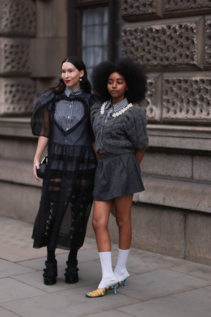 london, england september 18 floweroflove aka joyce and a fashion week guest seen wearing grey and black looks, outside simone rocha during london fashion week september 2022 on september 18, 2022 in london, england photo by jeremy moellergetty images