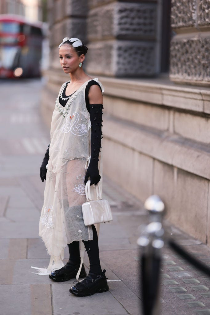 london, england september 1 francesca hayward seen wearing a total simone rocha look, outside simone rocha during london fashion week september 2022 on september 18, 2022 in london, england photo by jeremy moellergetty images