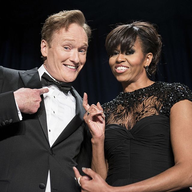 comedian conan obrien l and us first lady michelle obama joke during the white house correspondents’ association dinner april 27, 2013 in washington, dc obama attended the yearly dinner which is attended by journalists, celebrities and politicians afp photobrendan smialowski        photo credit should read brendan smialowskiafp via getty images