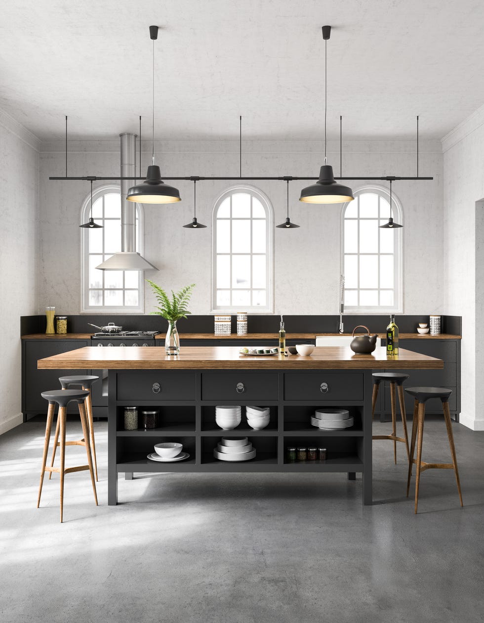 cocina gris y blanca con isla