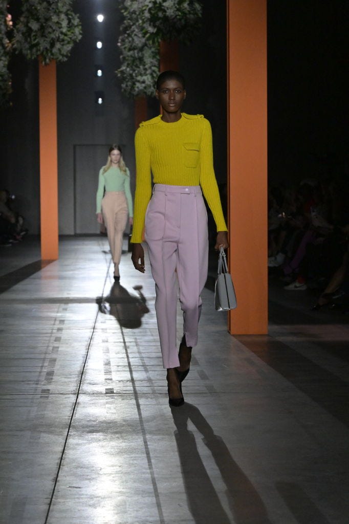 model on the runway at prada fall 2023 ready to wear fashion show on february 23, 2023 at prada headquarters in milan, italy photo by giovanni giannoniwwd via getty images