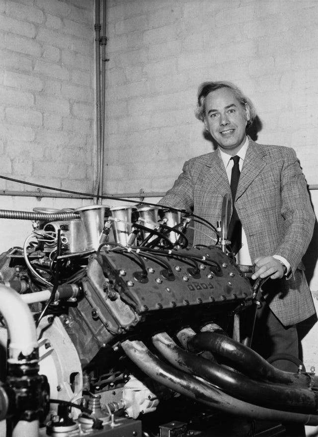 keith duckworth 1933 2005 , designer of the ford cosworth dfv double four valve v8 engine poses for a portrait with the magnesium engine at cosworth engineering on 3rd january 1977 in northampton, united kingdom photo by keystonehulton archivegetty images