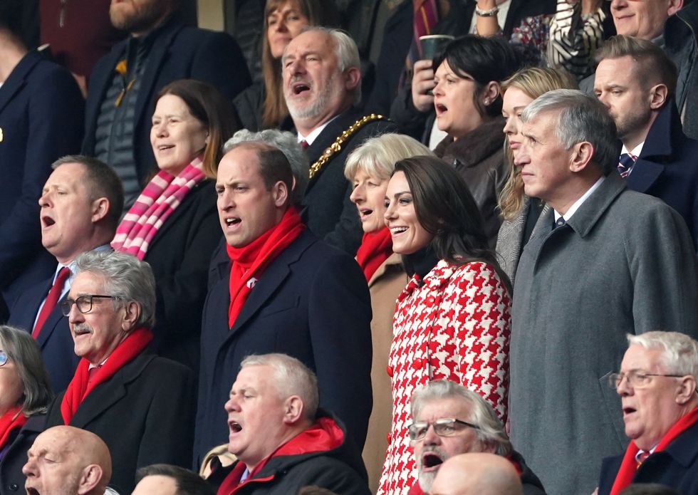 the prince of wales and the princess of wales sing the welsh national anthem in the stands ahead of the guinness six nations match at the principality stadium, cardiff picture date saturday february 25, 2023 photo by joe giddenspa images via getty images