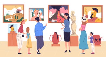 family in museum people tourists with children looking ancient monument, statue exhibit or painting art gallery exhibition, guide excursion tour group vector illustration of tourist character gallery