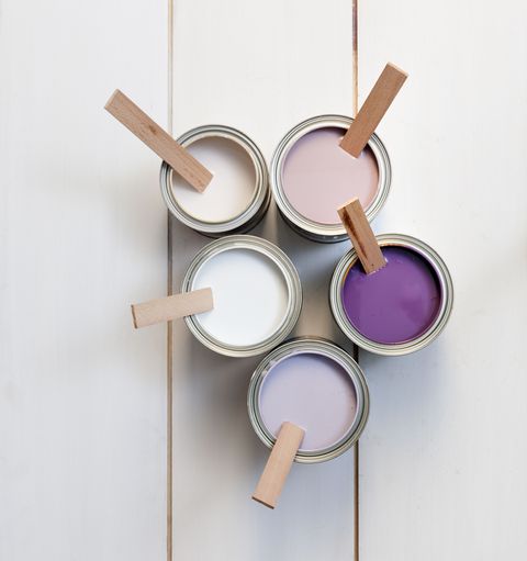 cans with purple, pink, white and lavender paint