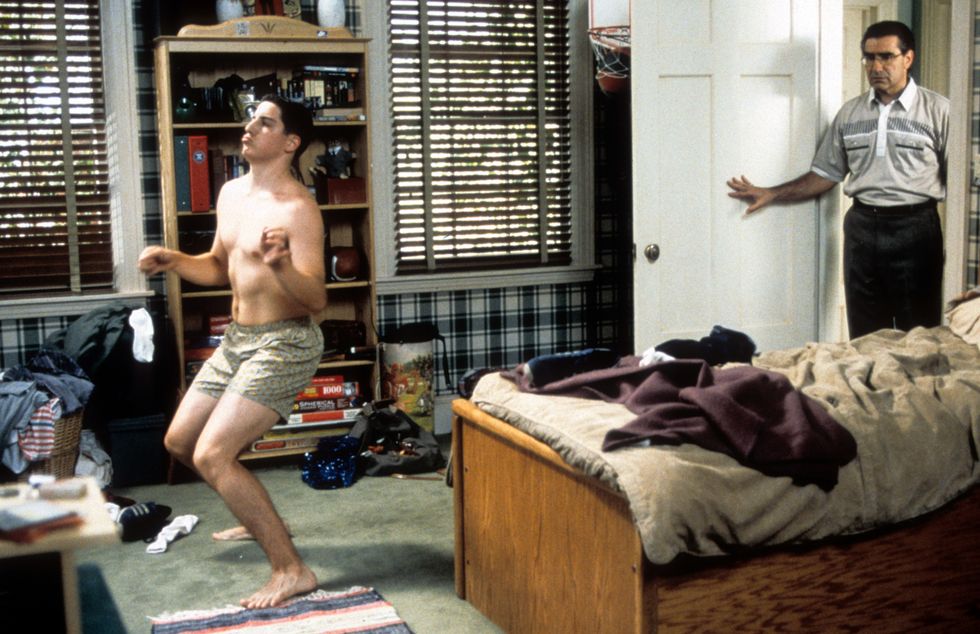 jason biggs is caught dancing in his boxers by eugene levy in a scene from the film american pie, 1999 photo by universalgetty images