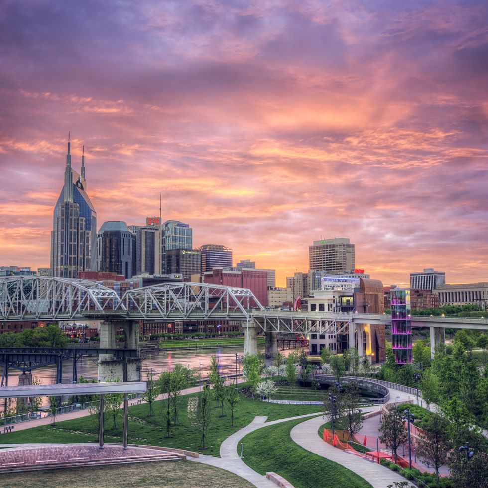 the nashville skyline with an amazing sunset as a backdrop
