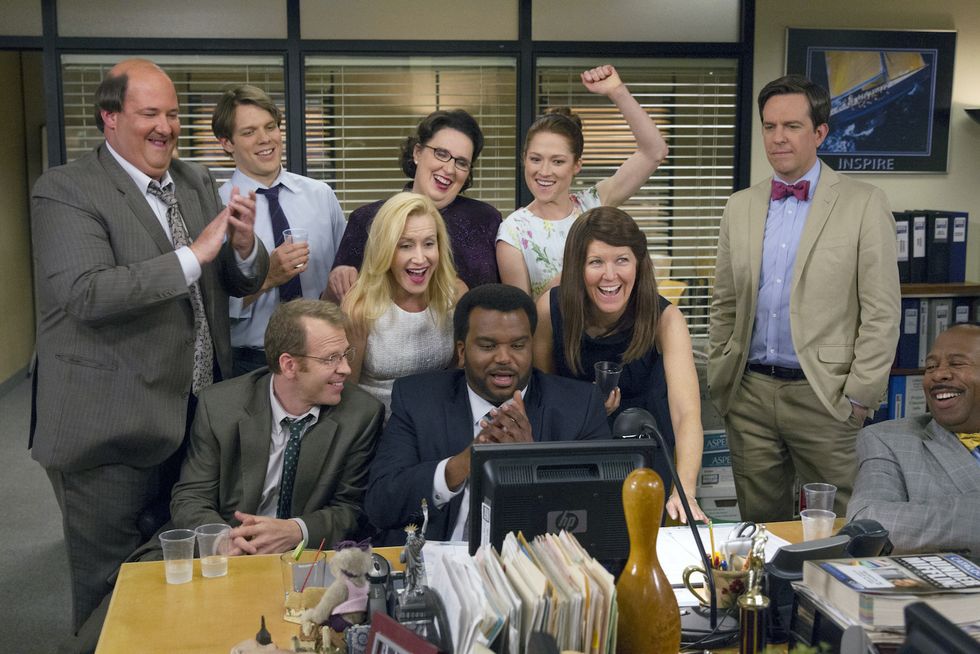the office    "finale" episode 924925    pictured l r brian baumgartner as kevin malone, jake lacy as pete, paul lieberstein as toby flenderson, angela kinsey as angela martin, phyllis smith as phyllis vance, craig robinson as darryl philbin, ellie kemper as erin hannon, kate flannery as meredith palmer, ed helms as andy bernard, leslie david baker as stanley hudson    photo by chris hastonnbcu photo banknbcuniversal via getty images via getty images