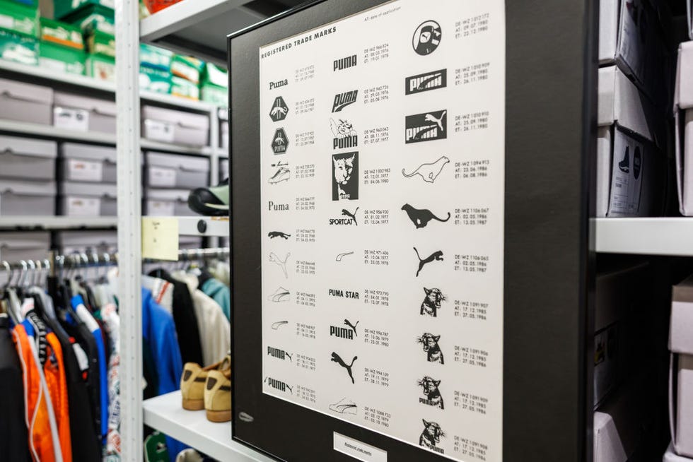 20 september 2023, bavaria, herzogenaurach a board with different designs of the logo of the sporting goods manufacturer puma from the last 75 years hangs in the archive at the companys headquarters to dpa birthday for the big cat puma turns 75 photo daniel karmanndpa photo by daniel karmannpicture alliance via getty images
