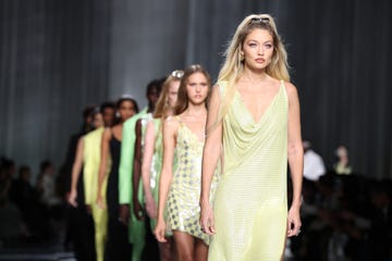 milan, italy september 22 gigi hadid and models walk the runway at the versace fashion show during the milan fashion week womenswear springsummer 2024 on september 22, 2023 in milan, italy photo by daniele venturelliwireimage