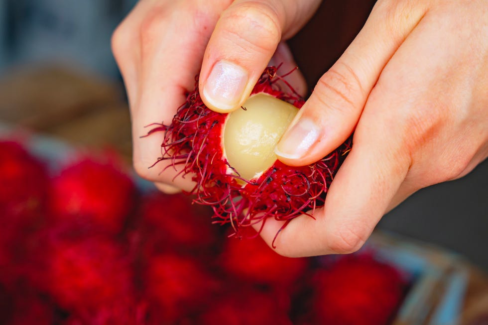 hand opening rambutan shell revealing the fruit inside