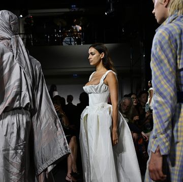 russian model irina shayk c presents a creation for vivienne westwood during a show as part of the paris fashion week womenswear springsummer 2024 in paris on september 30, 2023 photo by miguel medina afp photo by miguel medinaafp via getty images