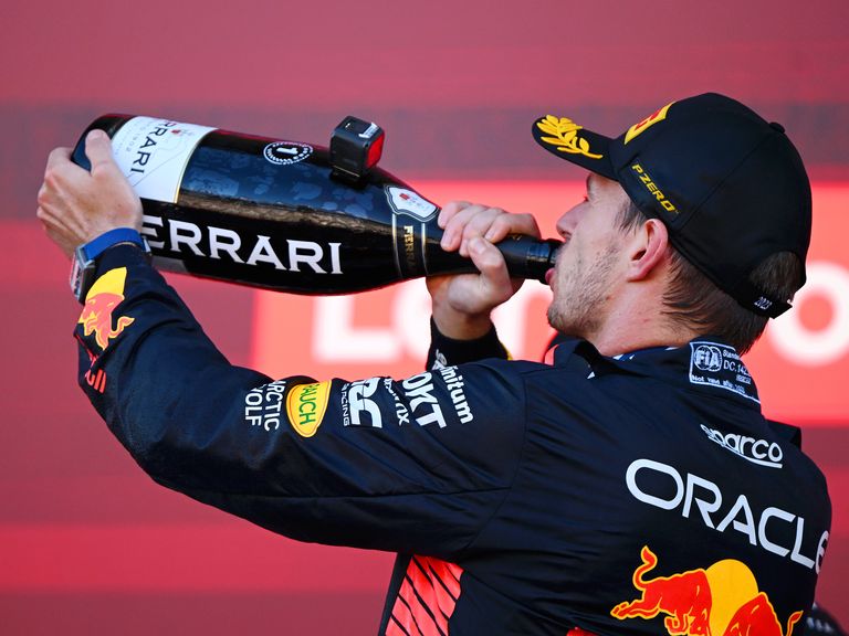 suzuka, japan september 24 race winner max verstappen of the netherlands and oracle red bull racing celebrates on the podium during the f1 grand prix of japan at suzuka international racing course on september 24, 2023 in suzuka, japan photo by clive masongetty images