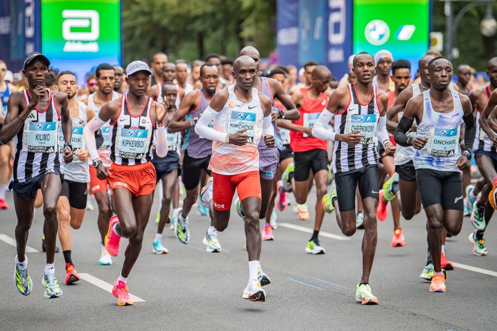berlin, germany september 24: eliud kipchoge from kenya right after the start with pace runners during the 2023 bmw berlin marathon on september 24, 2023 in berlin, germany. (photo by luciano lima/getty images)