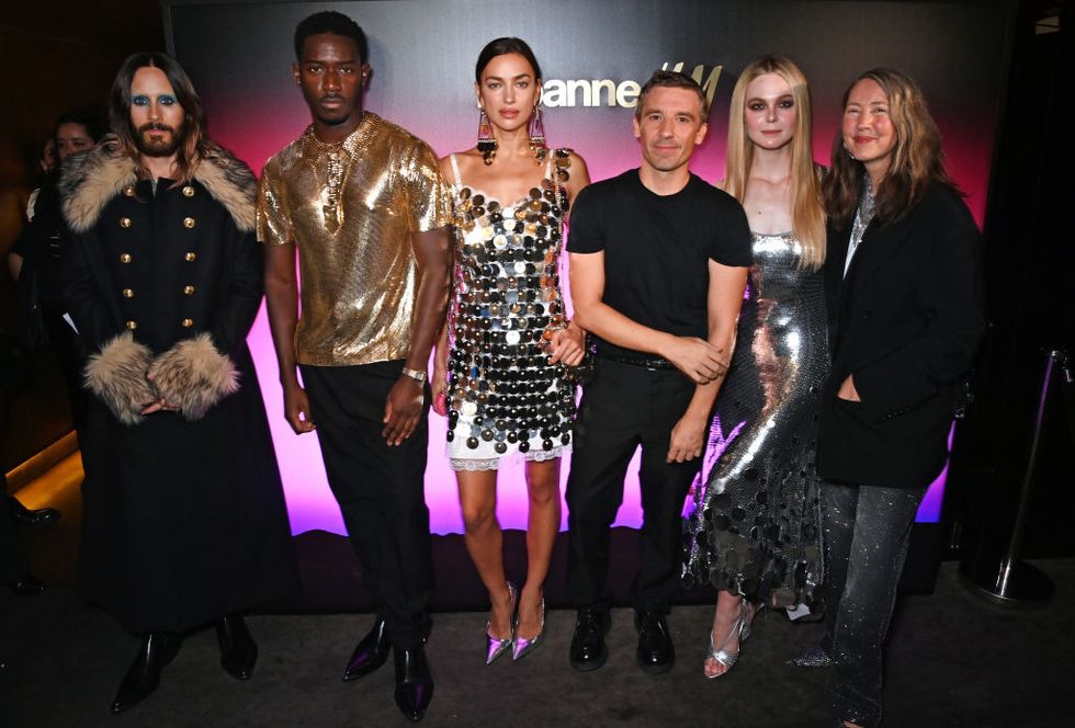 paris, france october 02 l to r jared leto, damson idris, irina shayk, julien dossena, creative director of paco rabanne,, elle fanning and hm creative director ann sofie johansson attend the launch of the rabanne hm collection at silencio on october 2, 2023 in paris, france photo by dave benettgetty images for hm