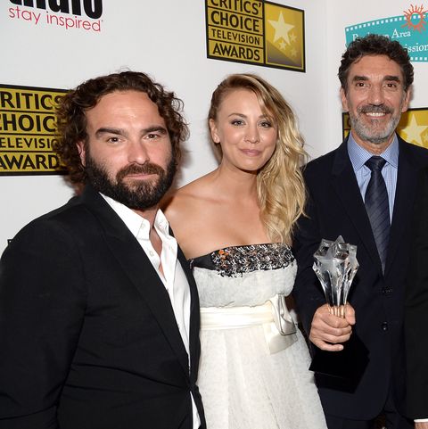 los angeles, ca   june 10  l r actors johnny galecki and kaley cuoco, producers chuck lorre and bill prady, actress melissa rauch and producer steven molaro arrive at broadcast television journalists associations third annual critics choice television awards at the beverly hilton hotel on june 10, 2013 in beverly hills, california  photo by jason merrittgetty images for ccta