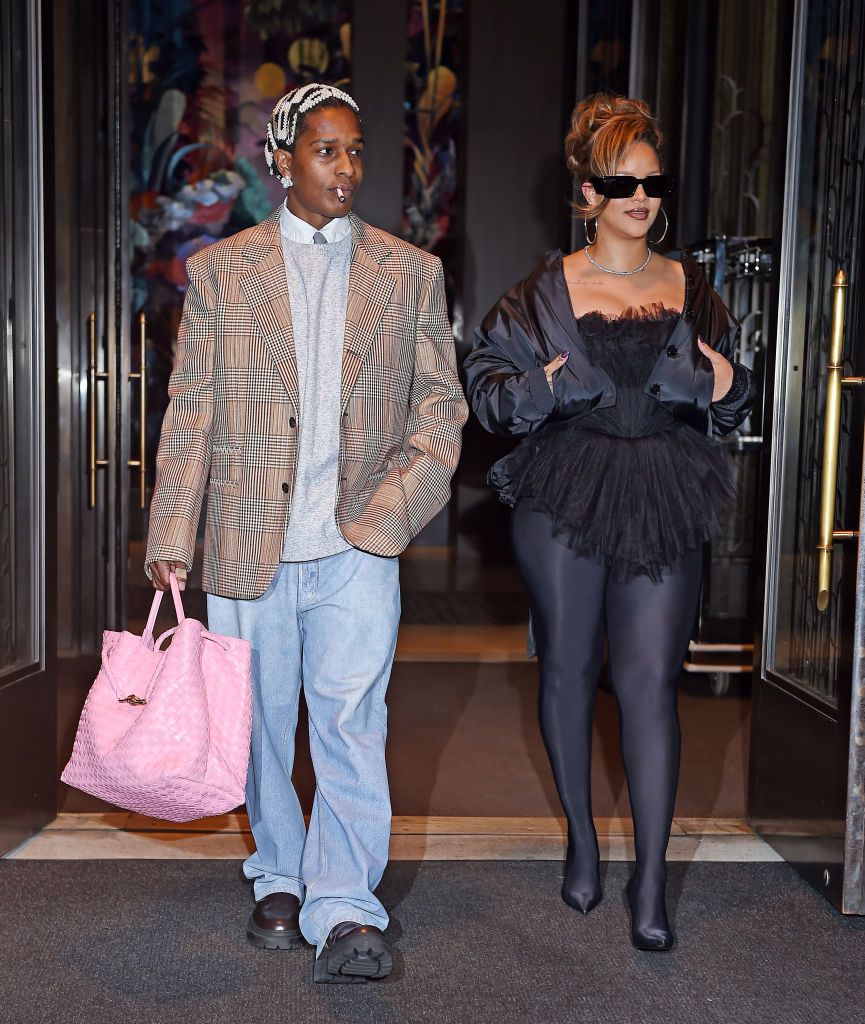 new york, ny october 3 asap rocky and rihanna are seen leaving carbone restaurant after celebrating his birthday on october 3, 2023 in new york, new york photo by megagc images