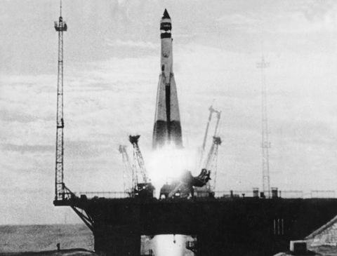 the launch of soviet space probe luna 1, the first spacecraft to escape earth's orbit, january 1 2, 1959 photo by sovfotouniversal images group via getty images