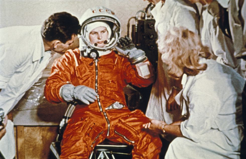 soviet cosmonaut valentina tereshkova, first woman in space, during preparations for here flight on vostok 6, ussr, june 16, 1963 photo by sovfotouniversal images group via getty images