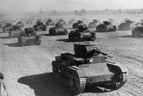 a formation of soviet t 26 model 35 light tanks during military maneuvers, 1936 photo by sovfotouniversal images group via getty images
