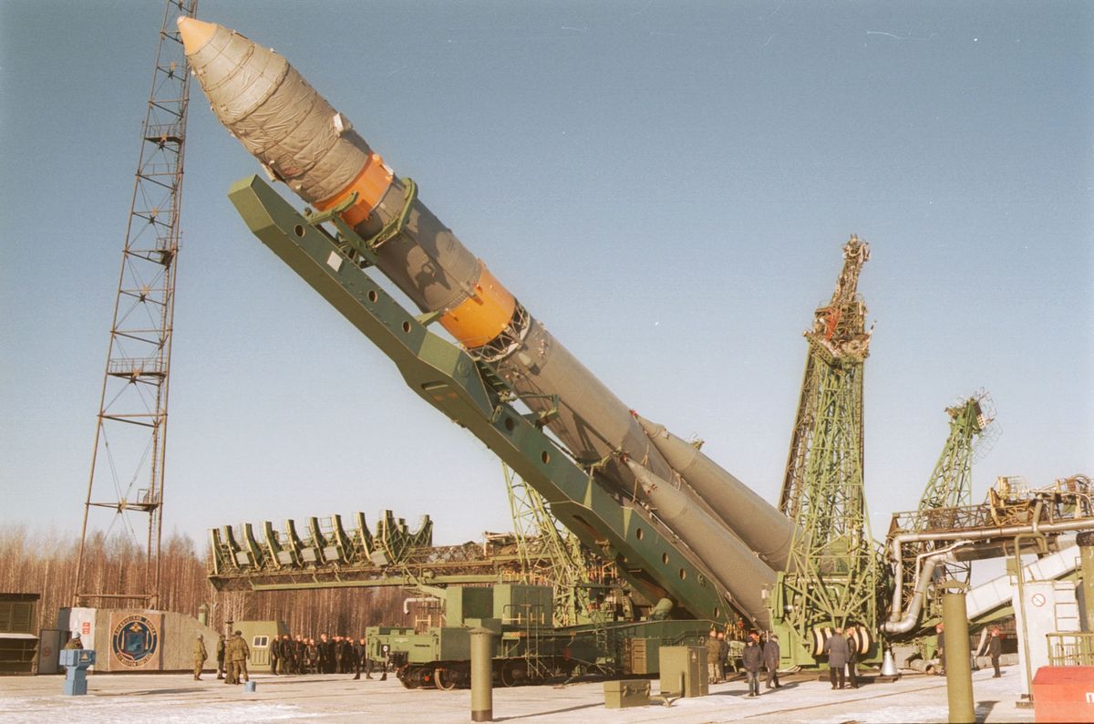 arkhangelsk region, russia, 'molniya-m' rocket- booster with satellite of the cosmos series seen at the launch pad at the plesetsk cosmodrome, in russia's northwest.