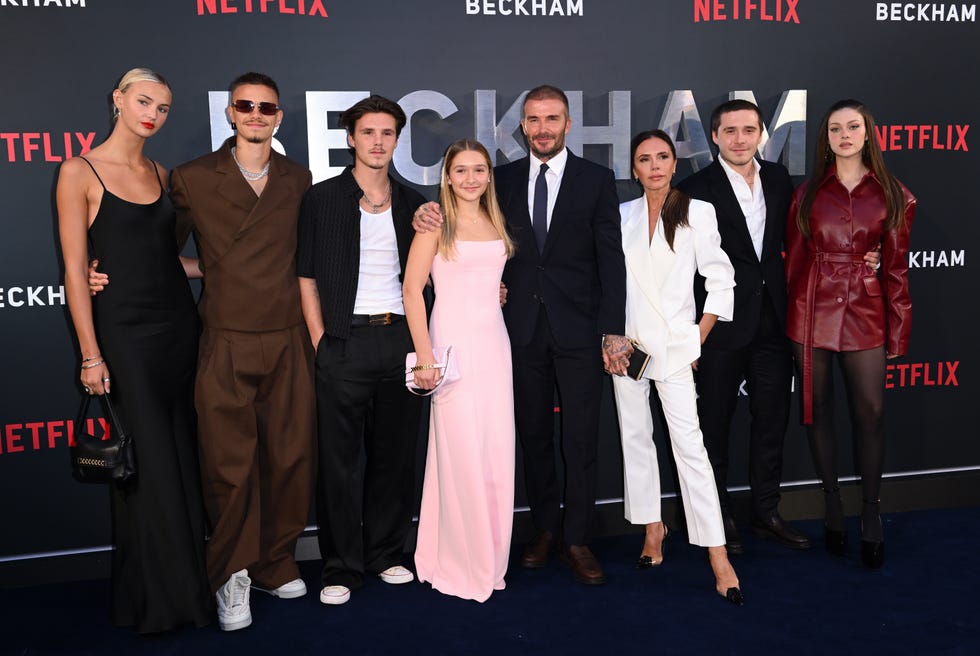 london, england october 03 l r mia regan, romeo beckham, cruz beckham, harper beckham, david beckham, victoria beckham, brooklyn beckham and nicola peltz attend the netflix beckham uk premiere at the curzon mayfair on october 03, 2023 in london, england photo by karwai tangwireimage