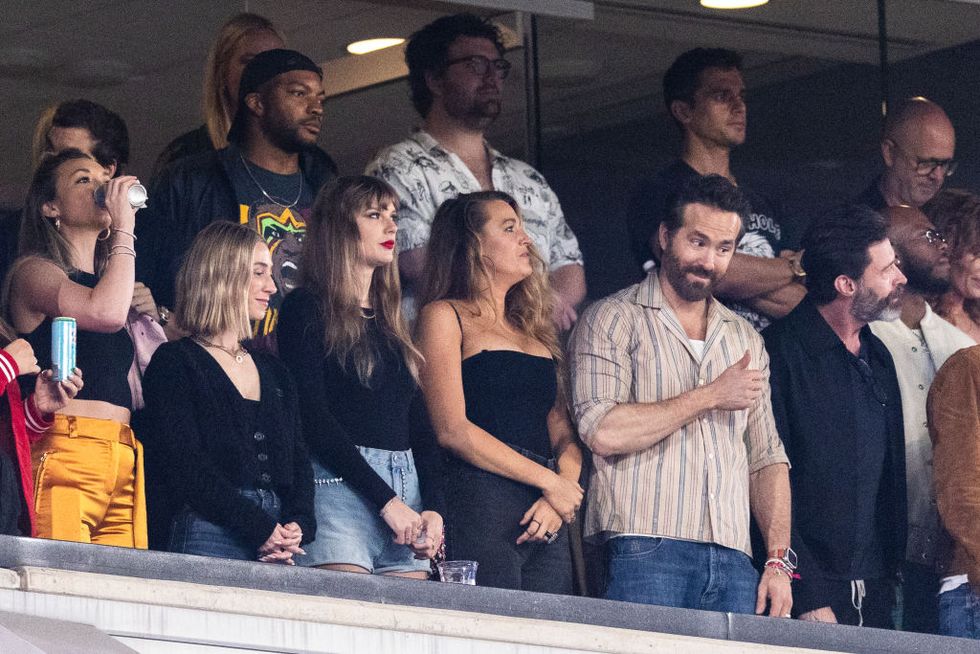 east rutherford, new jersey october 01 l r singer taylor swift, blake lively, and actor ryan reynolds look on prior to the game between the kansas city chiefs and the new york jets at metlife stadium on october 01, 2023 in east rutherford, new jersey photo by dustin satloffgetty images