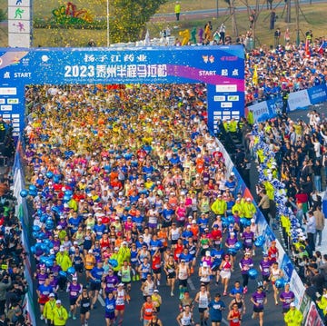 taizhou, china october 15, 2023 a large number of runners take part in the 2023 taizhou half marathon in taizhou, jiangsu province, china, oct 15, 2023 photo by costfotonurphoto via getty images