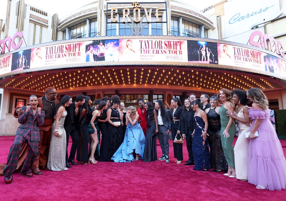 los angeles, california october 11 taylor swift c with dancers and band attend the taylor swift the eras tour concert movie world premiere at amc the grove 14 on october 11, 2023 in los angeles, california photo by john shearergetty images for tas