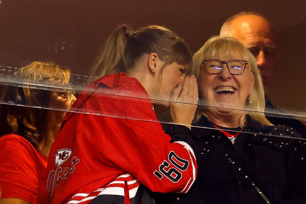 kansas city, missouri october 12 taylor swift and donna kelce look on before the game between the kansas city chiefs and the denver broncos at geha field at arrowhead stadium on october 12, 2023 in kansas city, missouri photo by david eulittgetty images