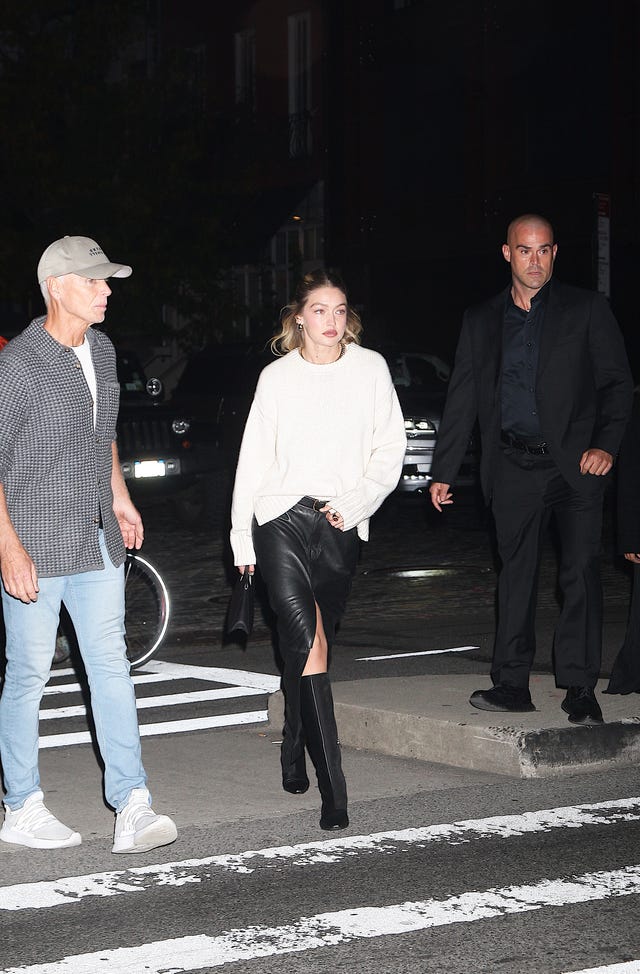 Gigi Hadid Parties in a Leather Maxi Skirt and Fuzzy Sweater