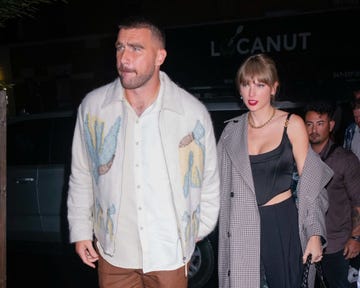 new york, new york october 15: travis kelce and taylor swift arrive at snl afterparty on october 15, 2023 in new york city. (photo by gotham/gc images)