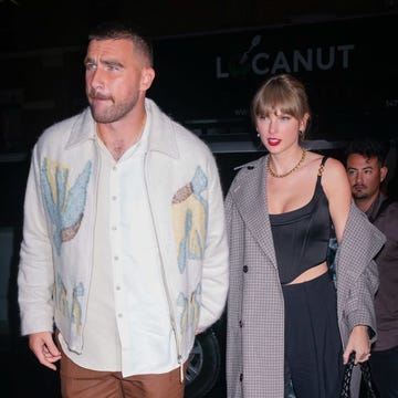 Celebrity Sightings In New York City - October 15, 2023 new york, new york october 15: travis kelce and taylor swift arrive at snl afterparty on october 15, 2023 in new york city. (photo by gotham/gc images)
