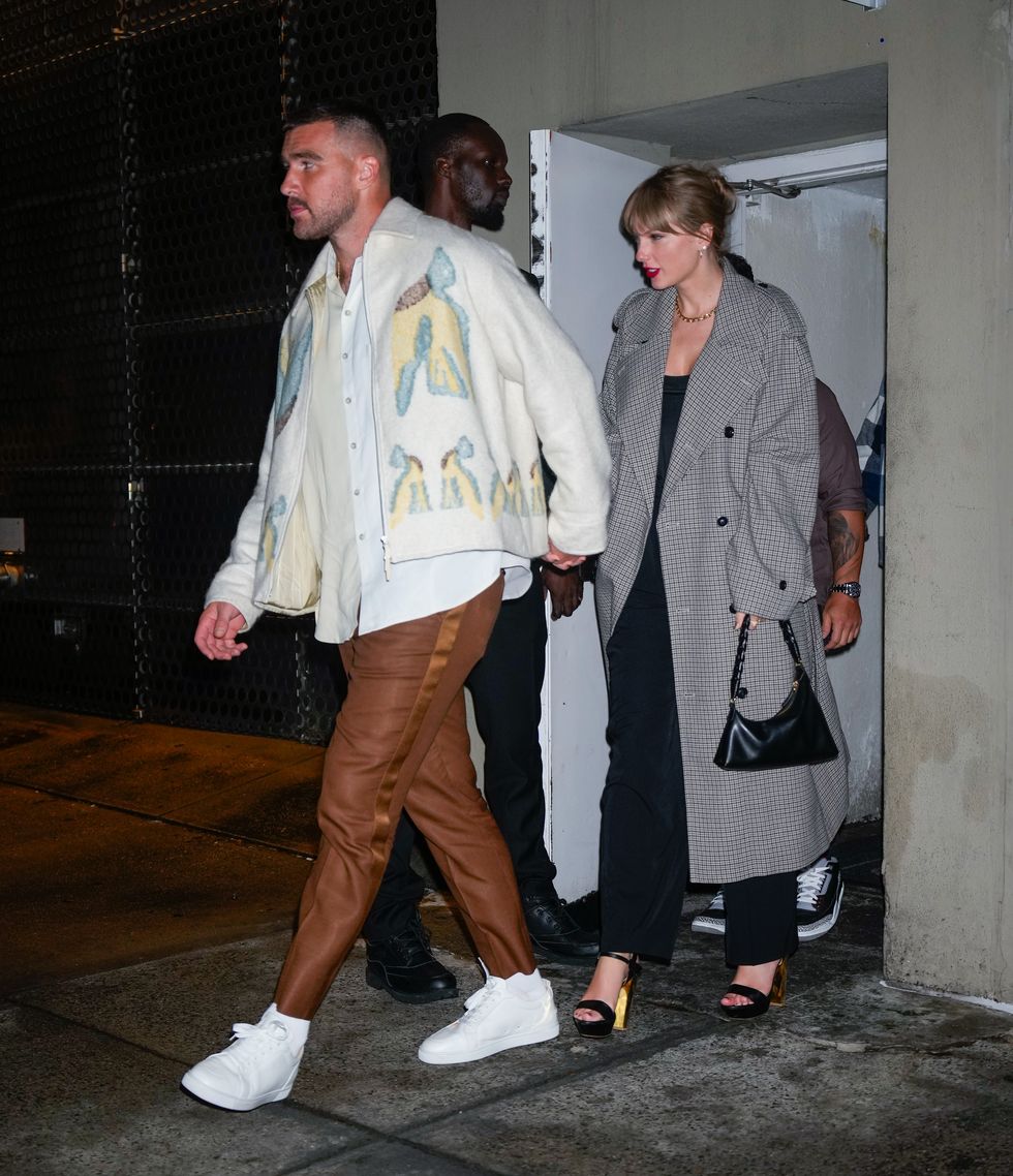 new york, new york october 15 travis kelce and taylor swift depart the snl afterparty on october 15, 2023 in new york city photo by gothamgc images