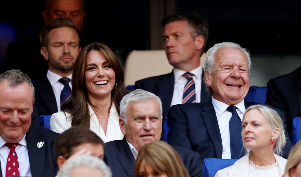 marseille, france october 15 catherine, princess of wales and patron of the england rugby football union rfu, and sir bill beaumont cbe, chairperson of world rugby, are seen in attendance prior to the rugby world cup france 2023 quarter final match between england and fiji at stade velodrome on october 15, 2023 in marseille, france photo by michael steele world rugbyworld rugby via getty images