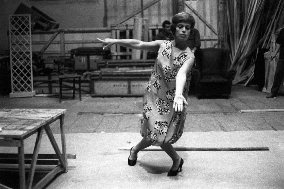 the theatrical actress franca valeri improvises an odd pose as cesira, the milanese manicurist the artist gets ready to act in the recital celebrating her ten years of activity as actress, where she will perform her best known characters rome italy, september 19th, 1958 photo by mondadori via getty images