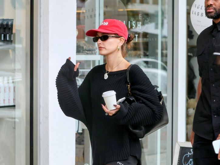 Hailey Bieber Steps Out in a Bottega Veneta Overcoat and Leather Trousers