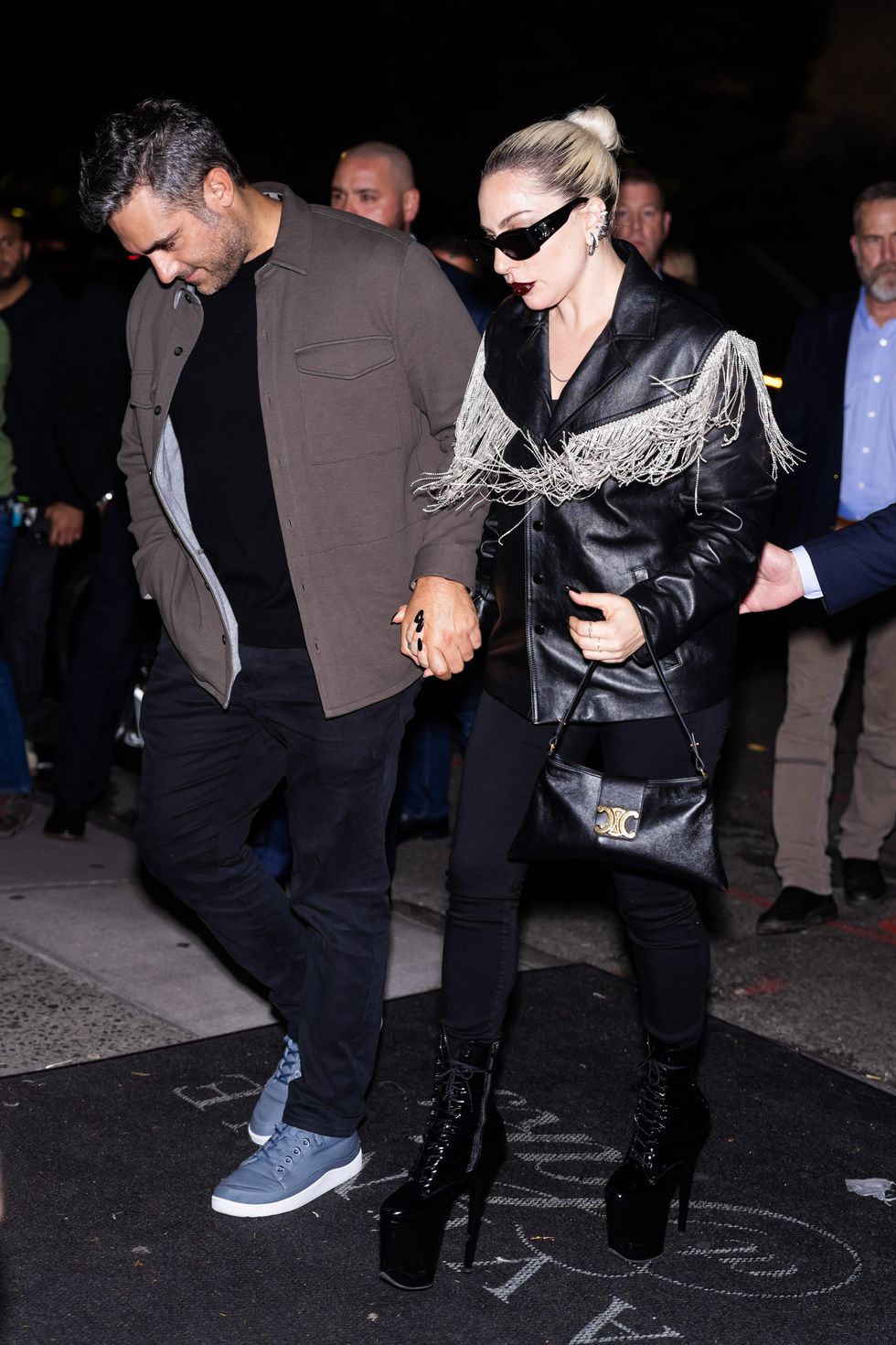 new york, new york october 22 lady gaga and michael polansky are seen in midtown on october 22, 2023 in new york city photo by gothamgc images