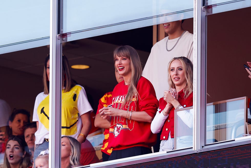 kansas city, missouri october 22 taylor swift and brittany mahomes look on during the first half of the game between the los angeles chargers and kansas city chiefs at geha field at arrowhead stadium on october 22, 2023 in kansas city, missouri photo by david eulittgetty images