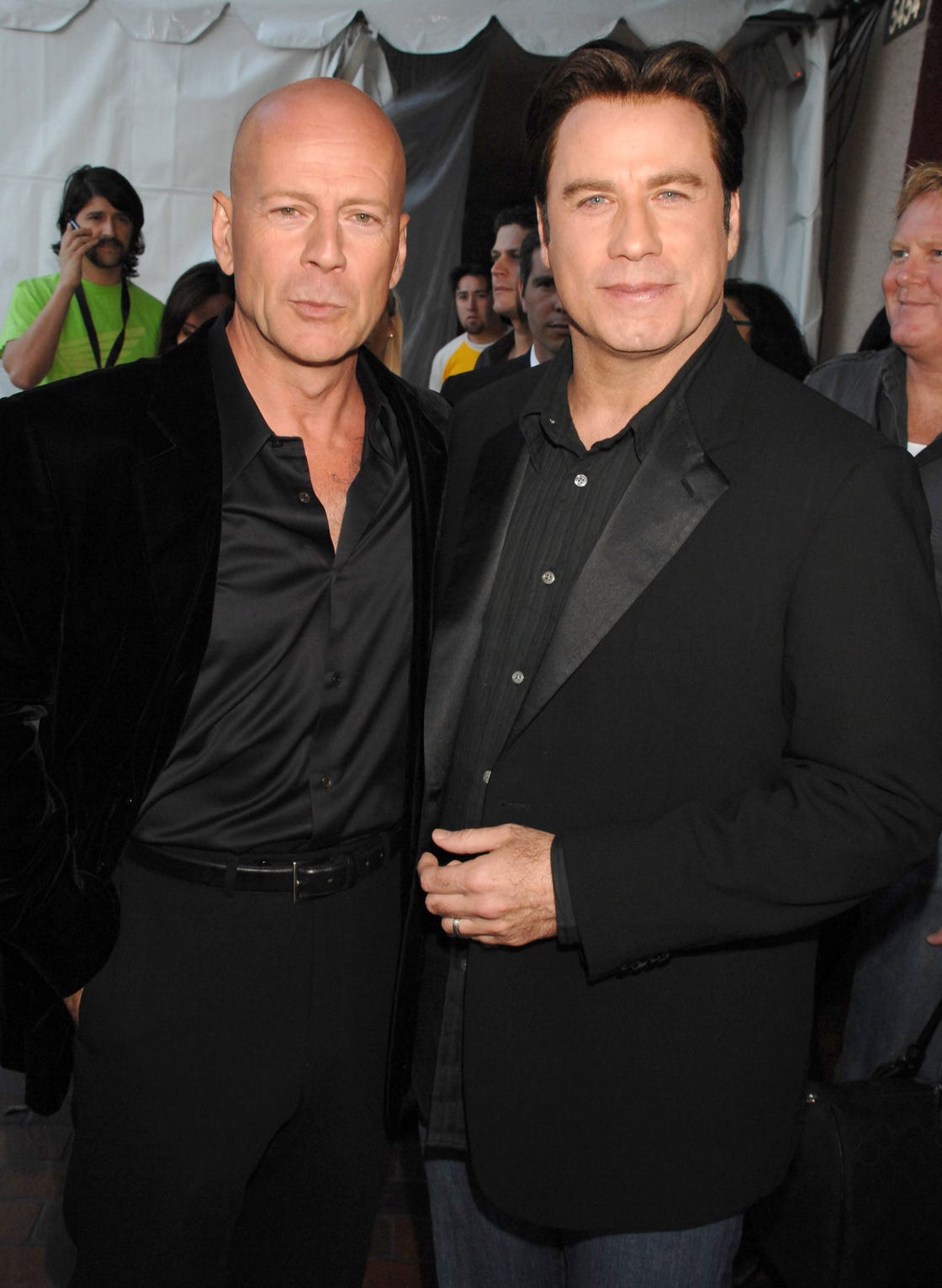 bruce willis and john travolta during 2007 mtv movie awards backstage and audience at gibson amphitheater in los angeles, california, united states. ***exclusive*** (photo by jeff kravitz/filmmagic, inc)