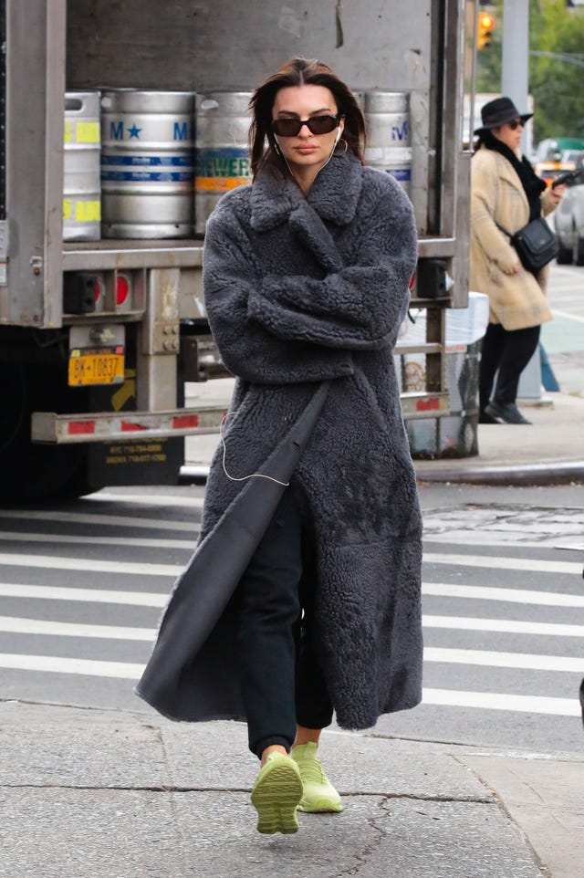 Emily Ratajkowski Proves Gray Is Anything but Boring in a Long Teddy Coat