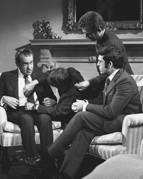 washington   january 2 dan rather interviews president richard m nixon for a cbs news special report january 2, 1972 photo by cbs via getty images