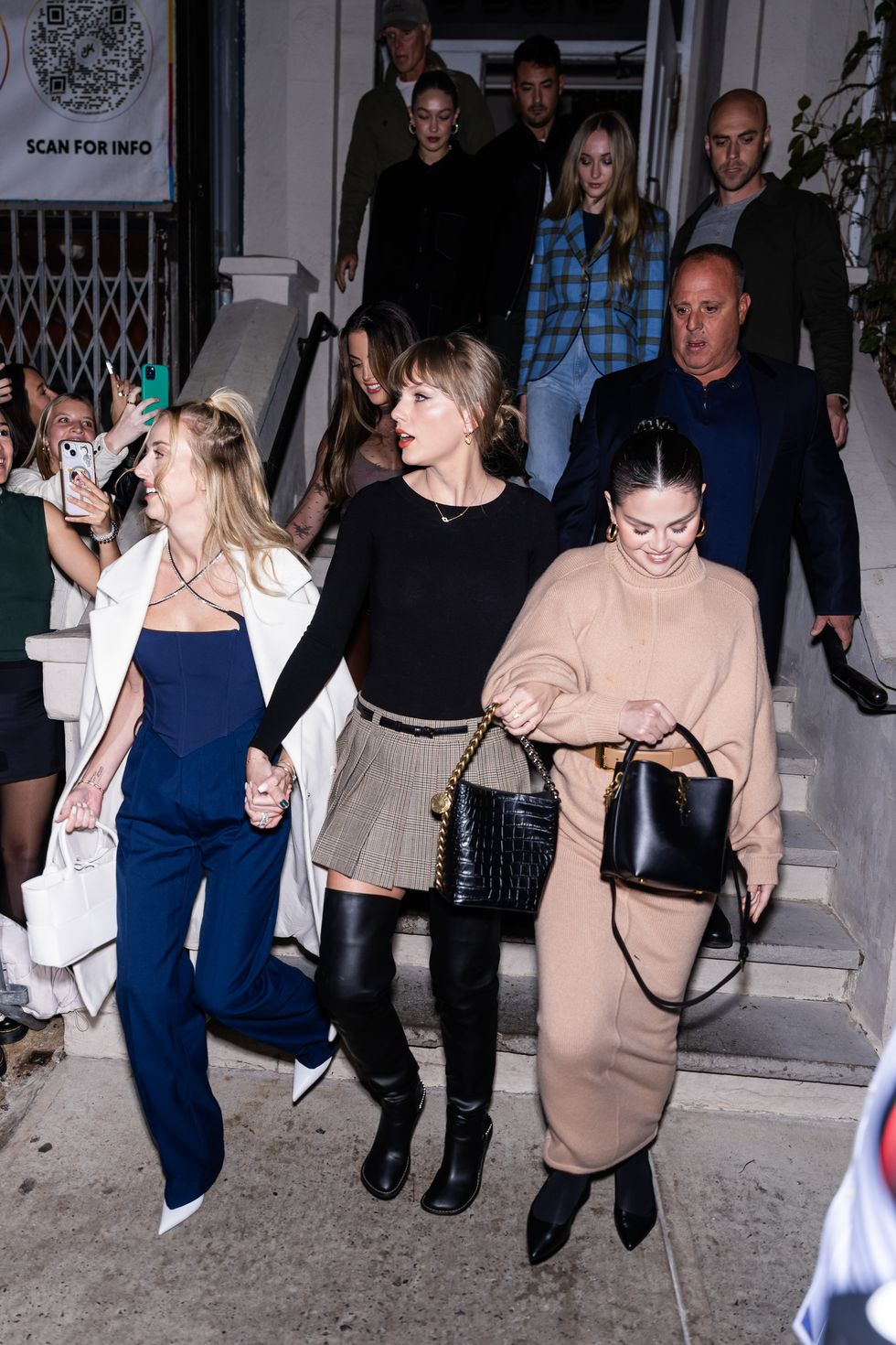 new york, new york november 04 l r front brittany mahomes, taylor swift, selena gomez l r back gigi hadid and sophie turner are seen in noho on november 04, 2023 in new york city photo by gothamgc images