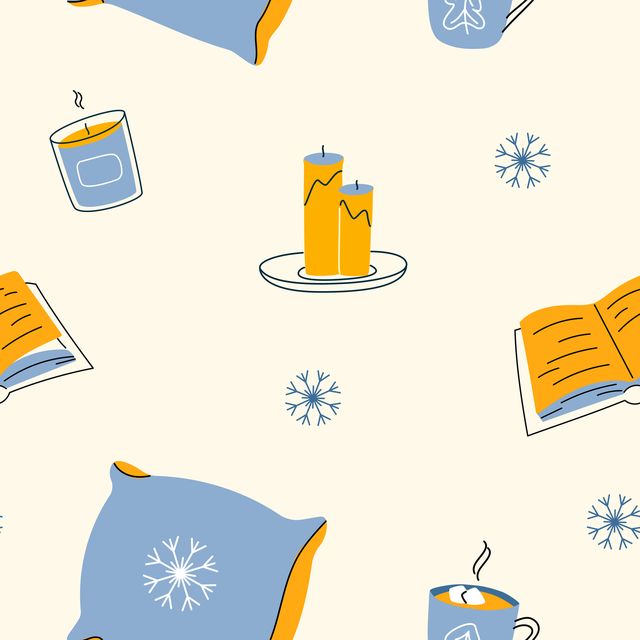 cozy winter seamless pattern with pillows, candles, hot drink and a book modern doodle hand drawn background, vector print design