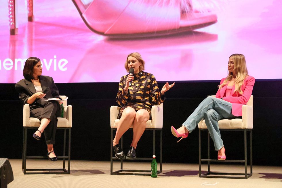 burbank, california november 17 exclusive coverage l r america ferrera, writerdirectorexecutive producer greta gerwig and margot robbie speak at a special screening and qa of warner bros pictures barbie at warner bros studios on friday, november 17, 2023 in burbank, california photo by eric charbonneaugetty images for warner bros