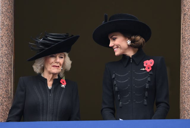 queen camilla, sophie, countess of wessex and catherine, princess of wales attend remembrance sunday on 12th november 2023 at the cenotaph, london, uk.
