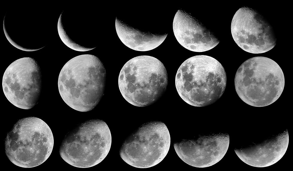 the moon at 15 different phases viewed from the southern hemisphere the increase in the apparent size of the moon is visible in the image second to the left in the middle row as it nears perigee